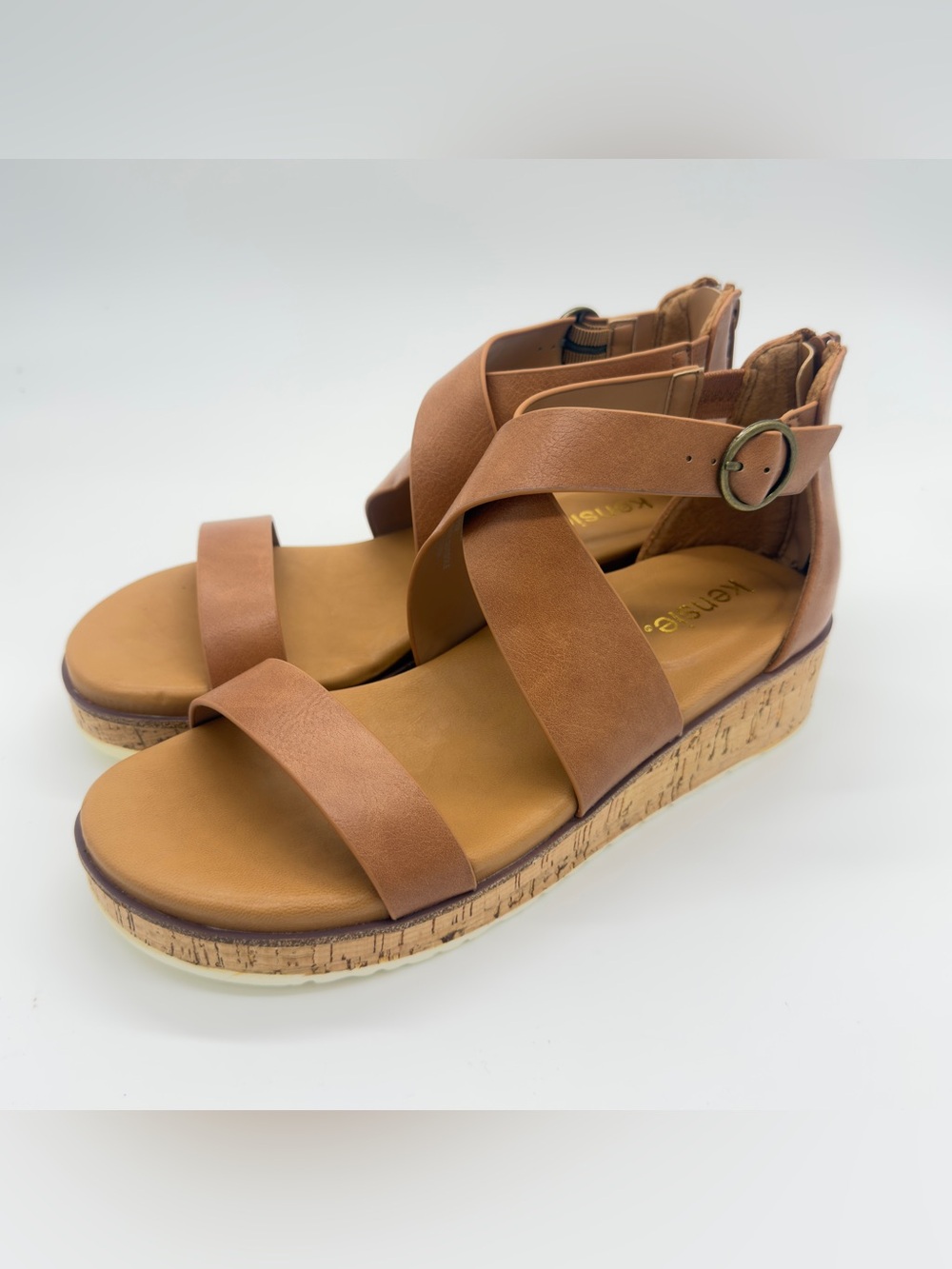 Kensie Tan Platform Cork Sandals with Ankle Buckle